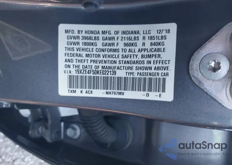 2019 Honda Insight Ex from USA, damaged, VIN 19XZE4F50KE022139